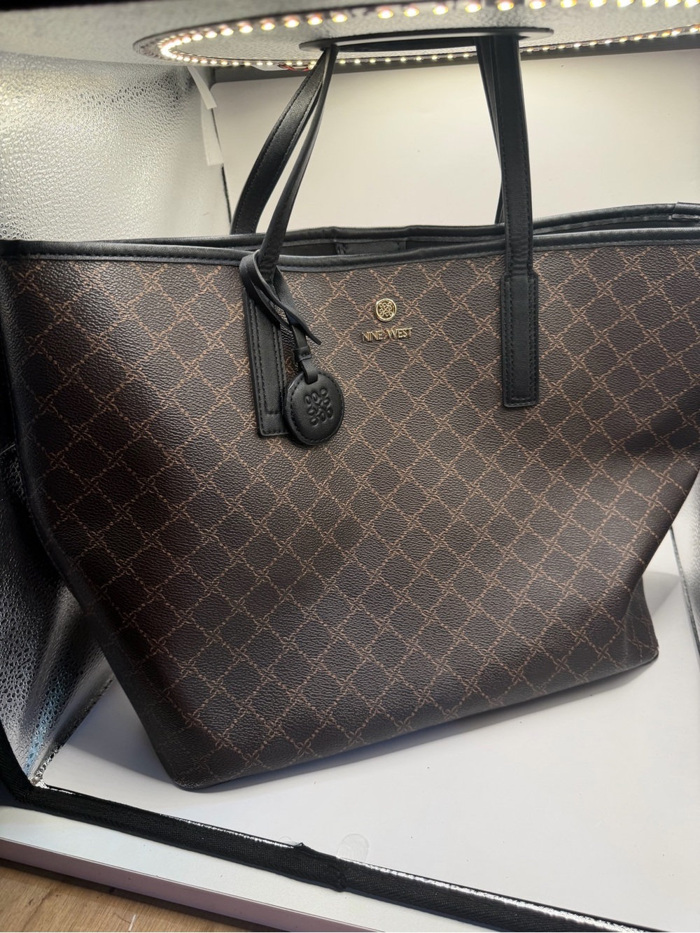 Nine West Brown Monogram Tote Bag Large Shoulder Purse - Picture 1 of 6